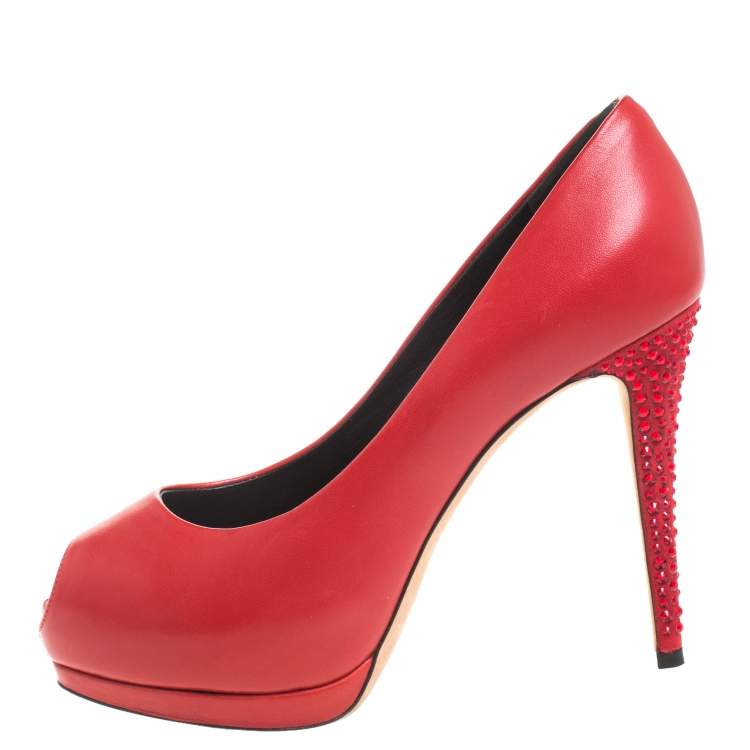 Pre Owned Giuseppe Zanotti Red Leather And Suede Crystal Embellished Peep Toe Platform Pumps Size 37