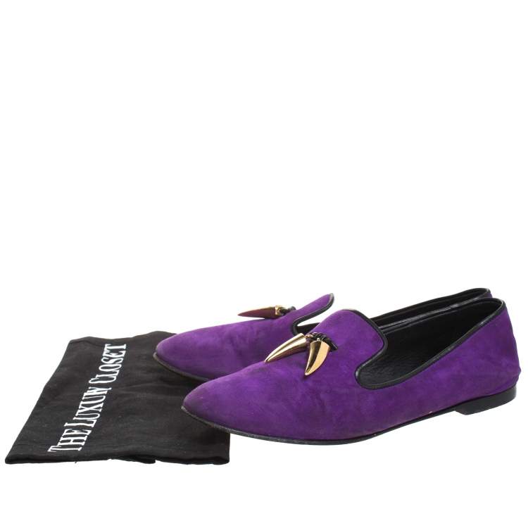 Pre Owned Giuseppe Zanotti Purple Suede Kevin Shark Tooth Tassel Smoking Slippers Size 38