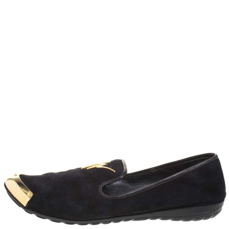 Pre Owned  Giuseppe Zanotti Black Suede Gold-Tone Cap Toe Logo Embellished Smoking Slippers Size 36