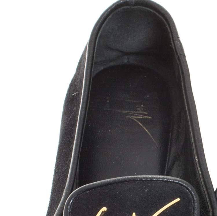 Pre Owned  Giuseppe Zanotti Black Suede Gold-Tone Cap Toe Logo Embellished Smoking Slippers Size 36