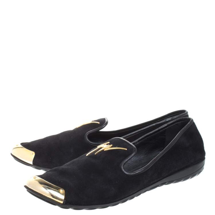 Pre Owned  Giuseppe Zanotti Black Suede Gold-Tone Cap Toe Logo Embellished Smoking Slippers Size 36