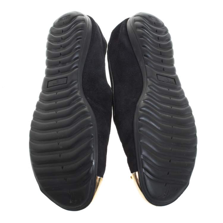 Pre Owned  Giuseppe Zanotti Black Suede Gold-Tone Cap Toe Logo Embellished Smoking Slippers Size 36