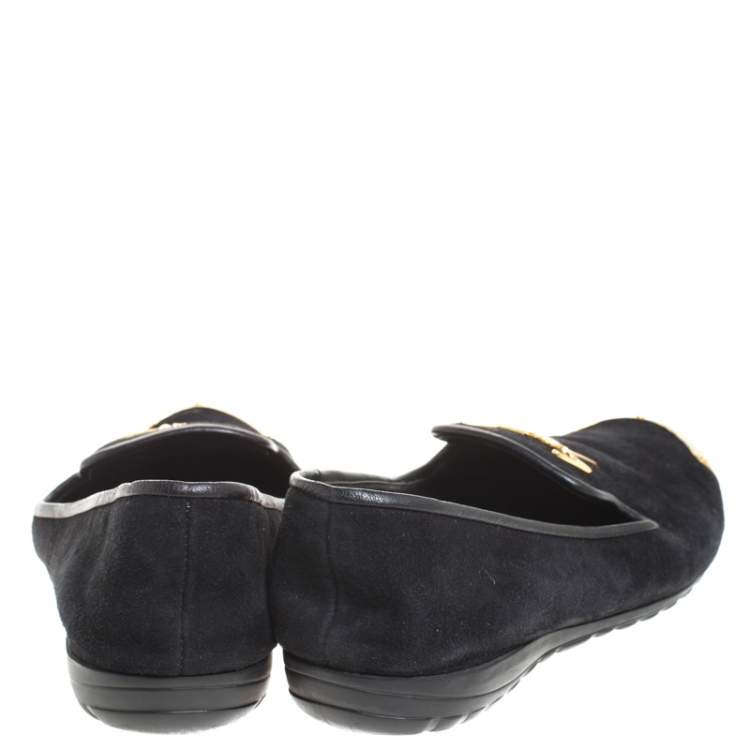 Pre Owned  Giuseppe Zanotti Black Suede Gold-Tone Cap Toe Logo Embellished Smoking Slippers Size 36