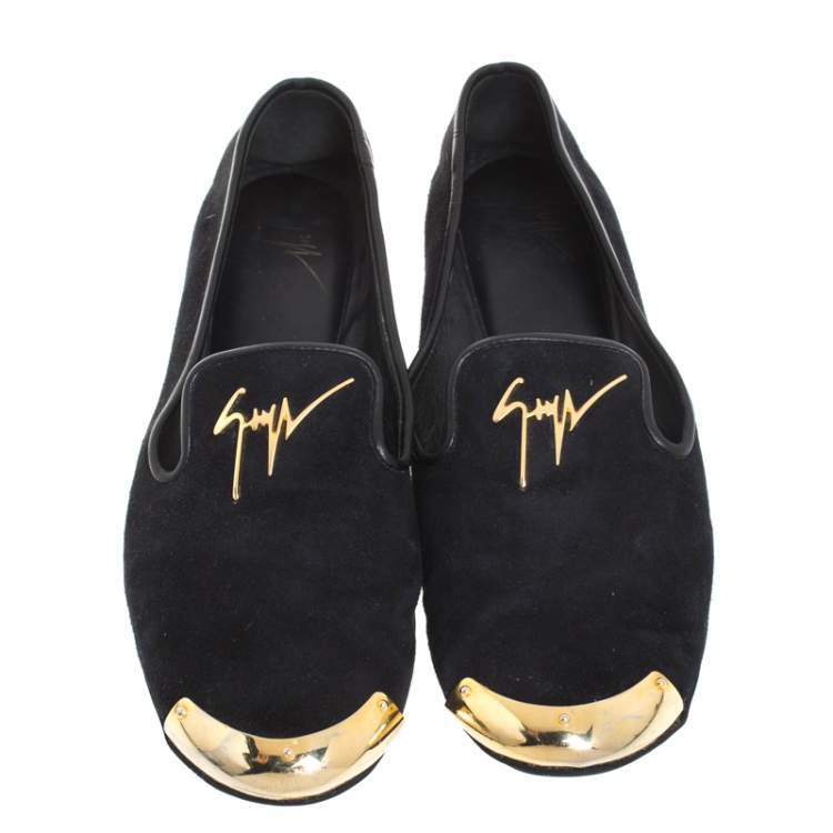 Pre Owned  Giuseppe Zanotti Black Suede Gold-Tone Cap Toe Logo Embellished Smoking Slippers Size 36