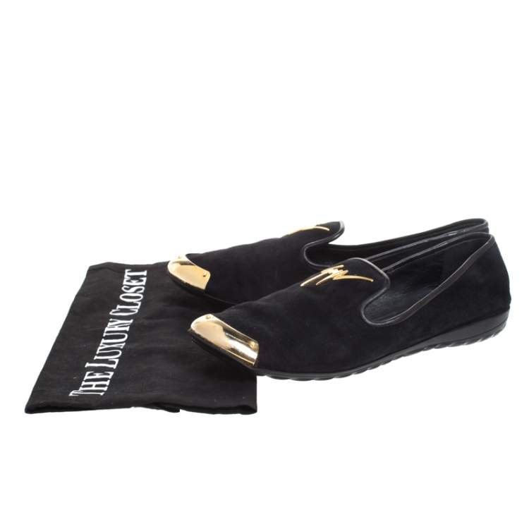 Pre Owned  Giuseppe Zanotti Black Suede Gold-Tone Cap Toe Logo Embellished Smoking Slippers Size 36