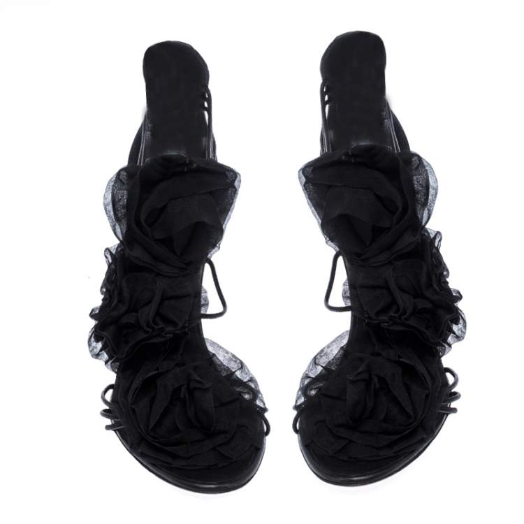 Pre Owned Giussepe Zanotti Black Leather Floral Detail Strappy Sandals Size 39.5