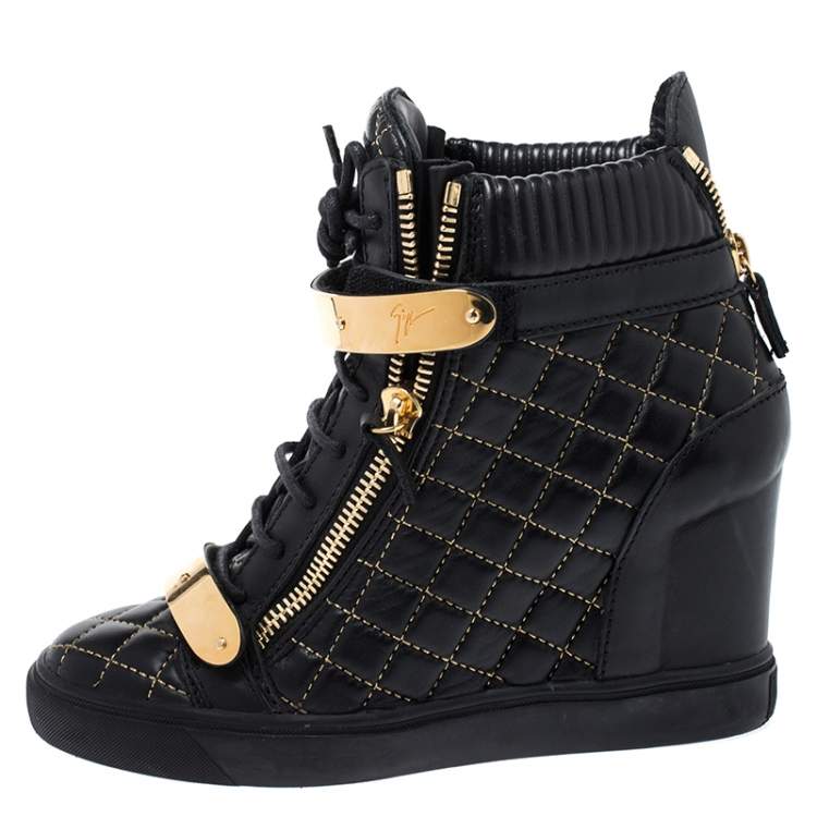Giuseppe Zanotti Black Quilted Leather Lorenz Wedge Sneakers Size 40 Giuseppe Zanotti TLC