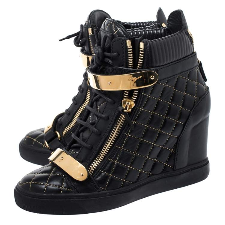 Pre Owned Giuseppe Zanotti Black Quilted Leather Lorenz Wedge Sneakers Size 40