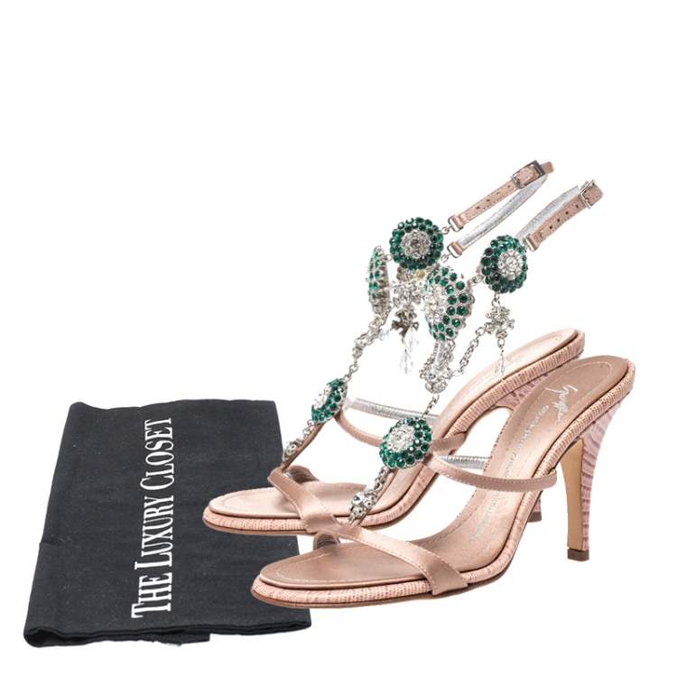 Pre Owned Giuseppe Zanotti Nude Pink Satin and Lizard Embossed Leather Crystal Embellished Ankle Strap Sandals Size 35.5