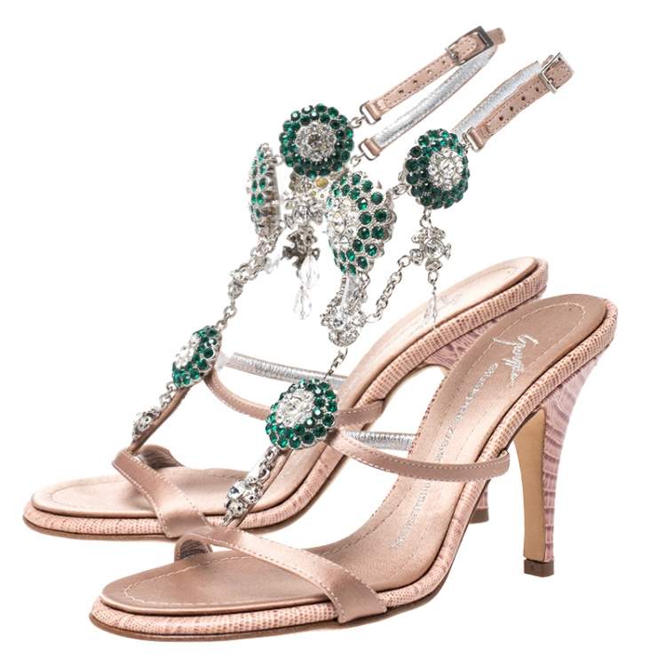 Pre Owned Giuseppe Zanotti Nude Pink Satin and Lizard Embossed Leather Crystal Embellished Ankle Strap Sandals Size 35.5