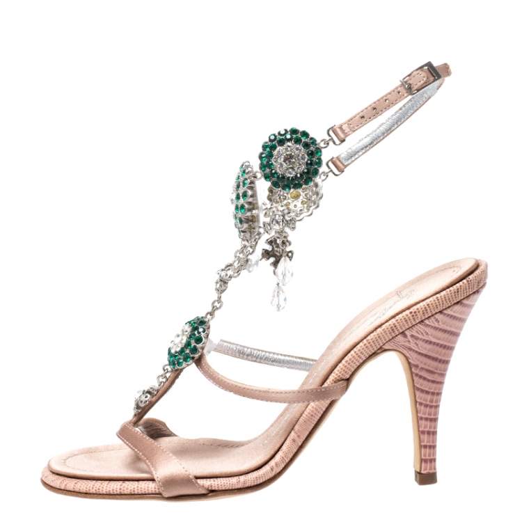 Pre Owned Giuseppe Zanotti Nude Pink Satin and Lizard Embossed Leather Crystal Embellished Ankle Strap Sandals Size 35.5