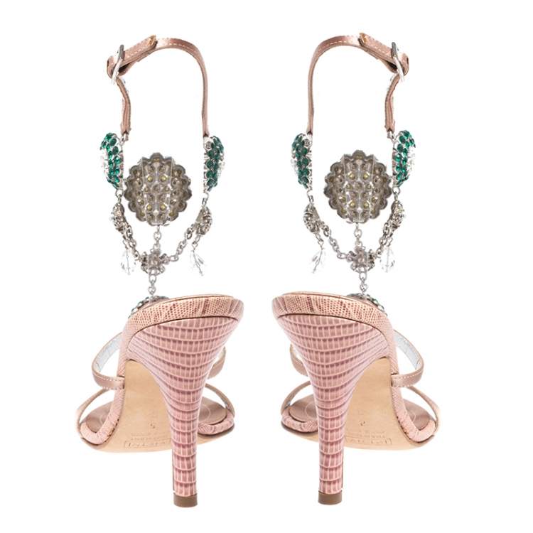 Pre Owned Giuseppe Zanotti Nude Pink Satin and Lizard Embossed Leather Crystal Embellished Ankle Strap Sandals Size 35.5