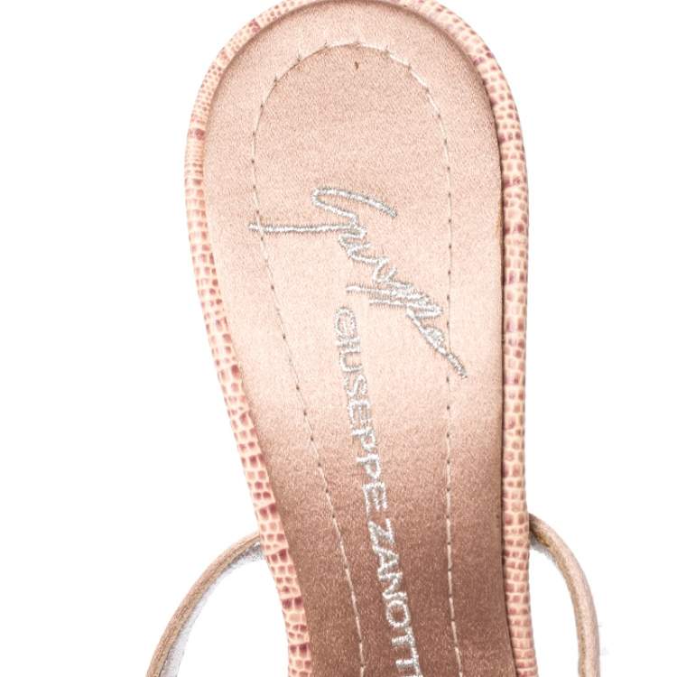 Pre Owned Giuseppe Zanotti Nude Pink Satin and Lizard Embossed Leather Crystal Embellished Ankle Strap Sandals Size 35.5