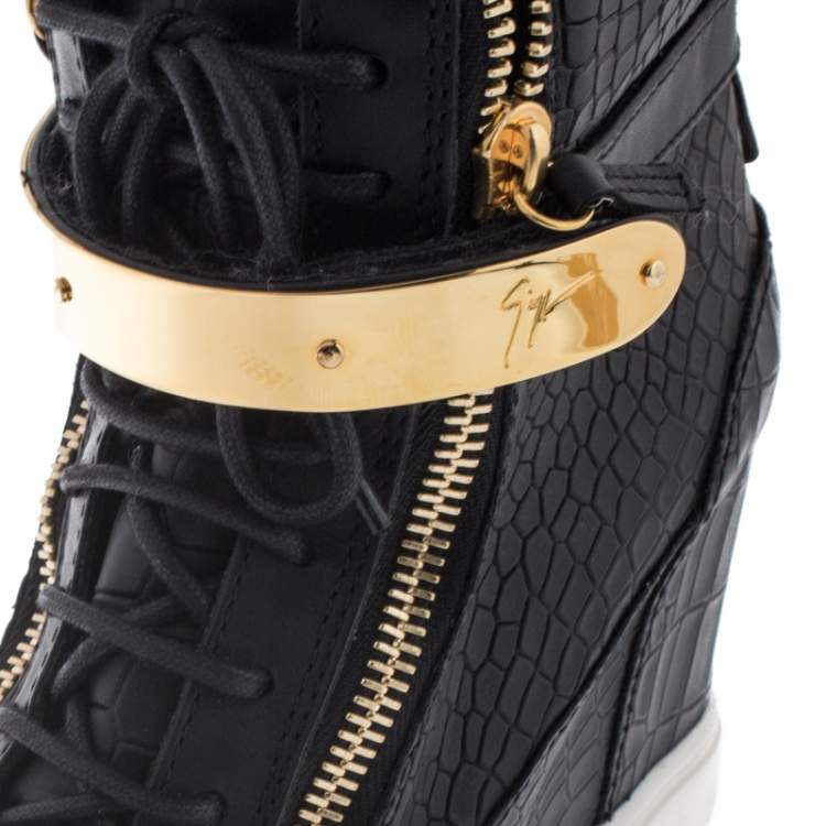 مملوكة مسبقًا Giuseppe Zanotti Black Croc Embossed Leather Lorenz Wedge High Top Sneakers Size 39