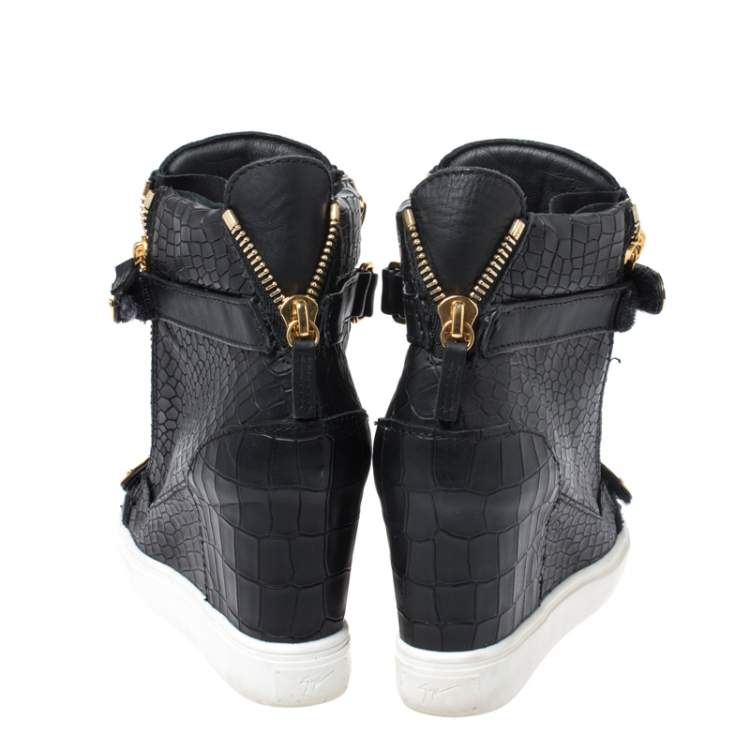 مملوكة مسبقًا Giuseppe Zanotti Black Croc Embossed Leather Lorenz Wedge High Top Sneakers Size 39