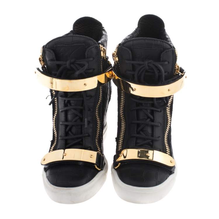 مملوكة مسبقًا Giuseppe Zanotti Black Croc Embossed Leather Lorenz Wedge High Top Sneakers Size 39