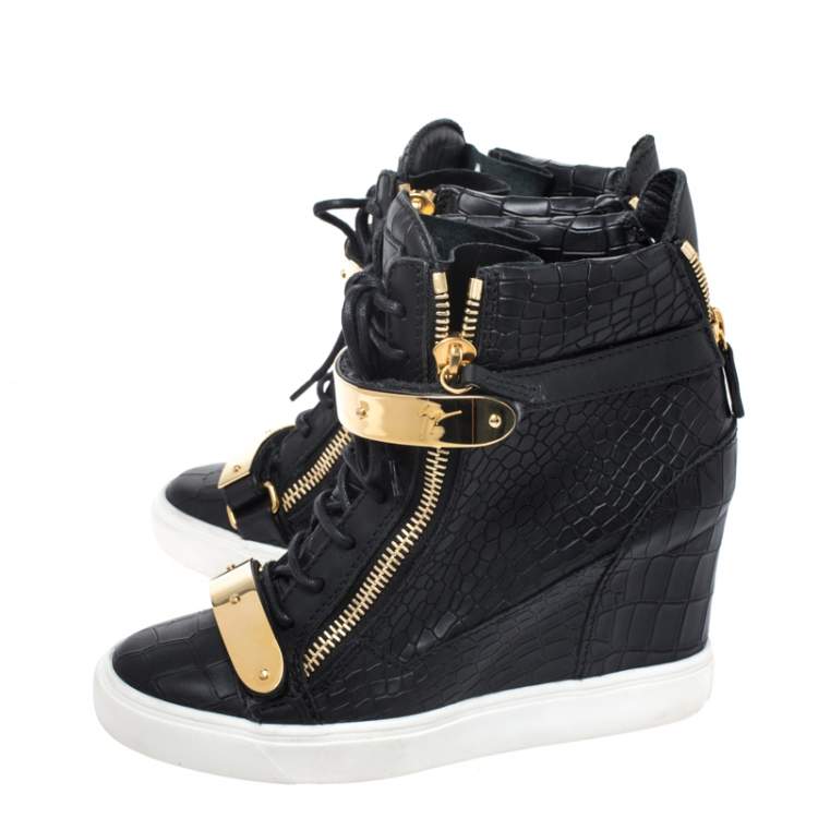 مملوكة مسبقًا Giuseppe Zanotti Black Croc Embossed Leather Lorenz Wedge High Top Sneakers Size 39