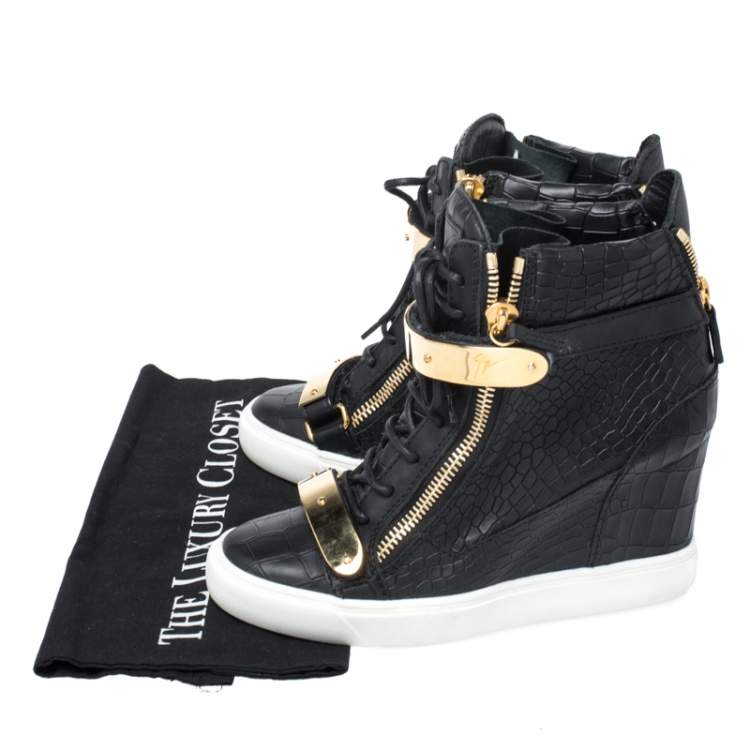 مملوكة مسبقًا Giuseppe Zanotti Black Croc Embossed Leather Lorenz Wedge High Top Sneakers Size 39