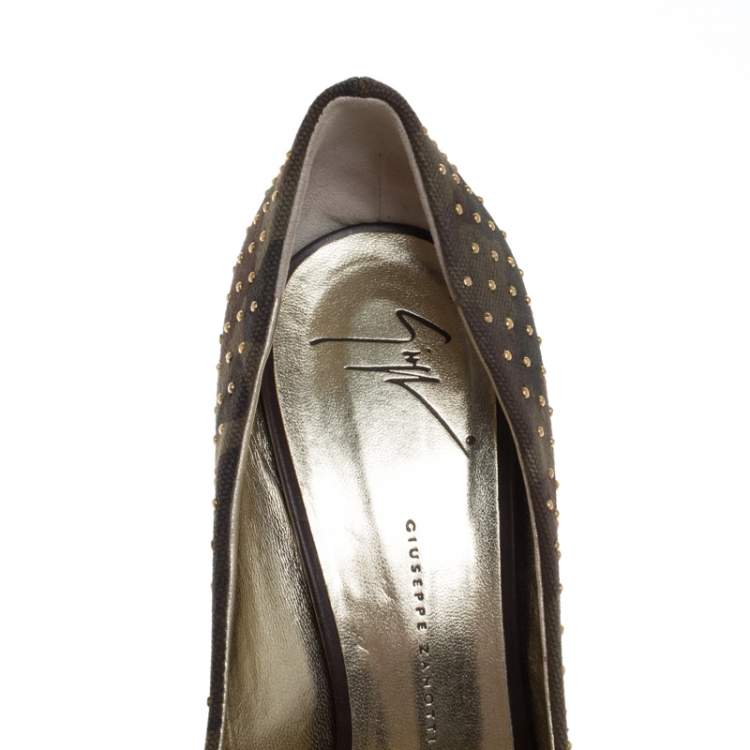 Pre Owned Giuseppe Zanotti Green Camouflage Canvas Studded Peep Toe Pumps Size 40