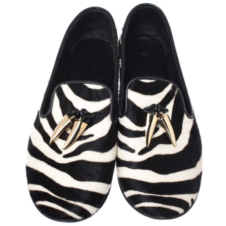 Pre Owned Giuseppe Zanotti Zebra Print  Calfhair Shark Tooth Embellished Smoking Slippers Size 41