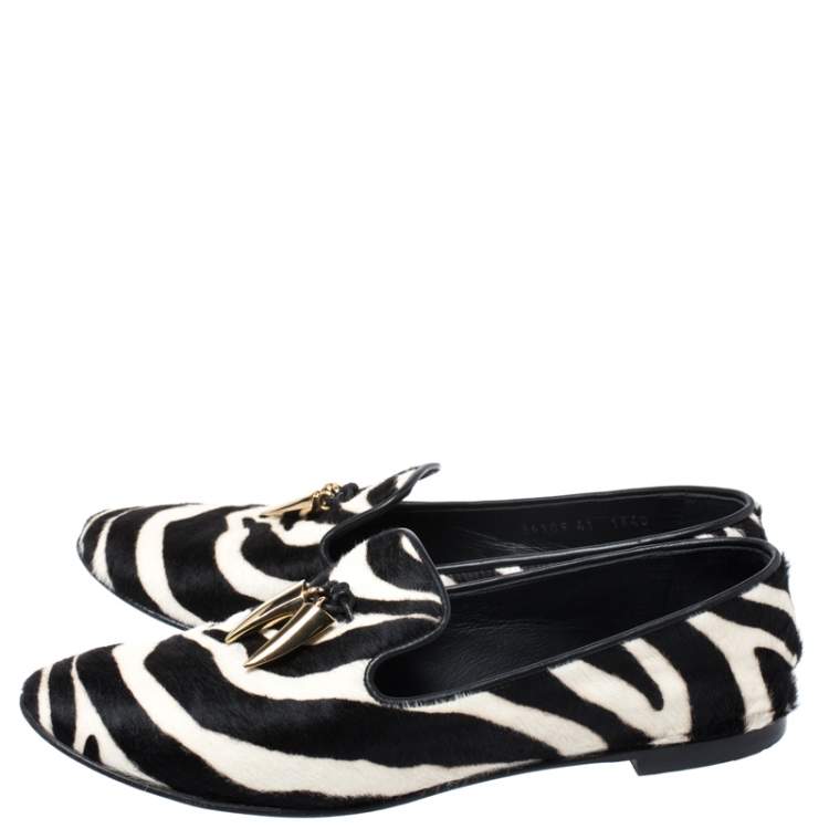 Pre Owned Giuseppe Zanotti Zebra Print  Calfhair Shark Tooth Embellished Smoking Slippers Size 41