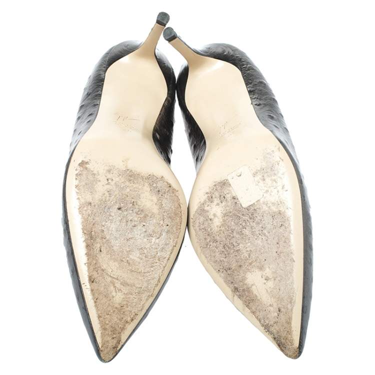 Pre Owned Giuseppe Zanotti Metallic Grey Ostrich Embossed Leather Lucrezia Pointed Toe Pumps Size 40