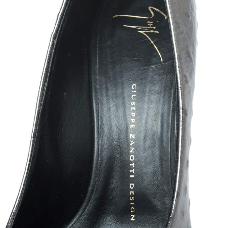 Pre Owned Giuseppe Zanotti Metallic Grey Ostrich Embossed Leather Lucrezia Pointed Toe Pumps Size 40