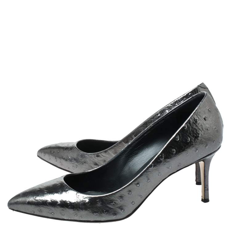 Pre Owned Giuseppe Zanotti Metallic Grey Ostrich Embossed Leather Lucrezia Pointed Toe Pumps Size 40