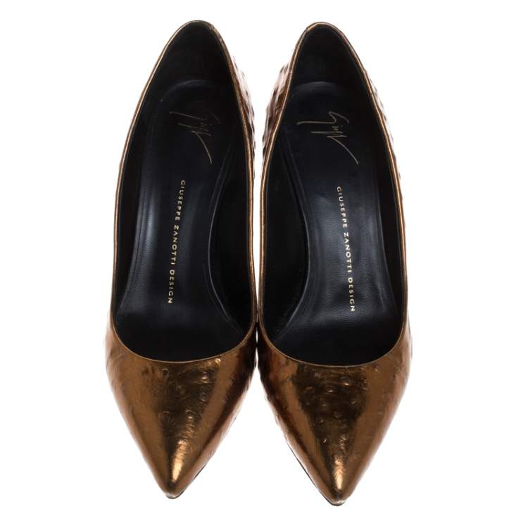 Pre Owned Giuseppe Zanotti Bronze Ostrich Embossed Leather Lucrezia Pointed Toe Pumps Size 40