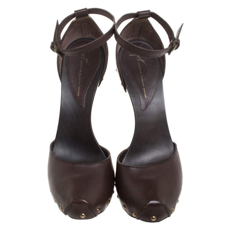 Pre Owned Giuseppe Zanotti Brown Leather Ankle Strap Platform Sandals Size 39
