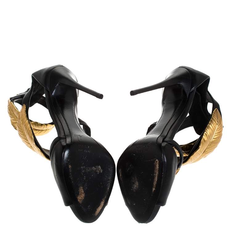 Pre Owned Giuseppe Zanotti Black Leather Gold Tone Metal Leaf Embellished Sandals Size 37