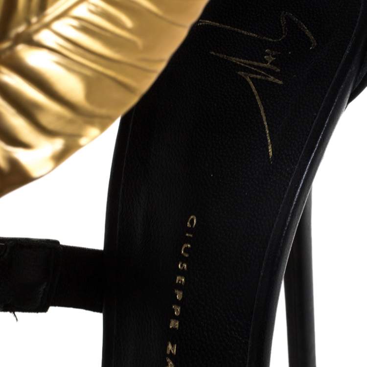 Pre Owned Giuseppe Zanotti Black Leather Gold Tone Metal Leaf Embellished Sandals Size 37