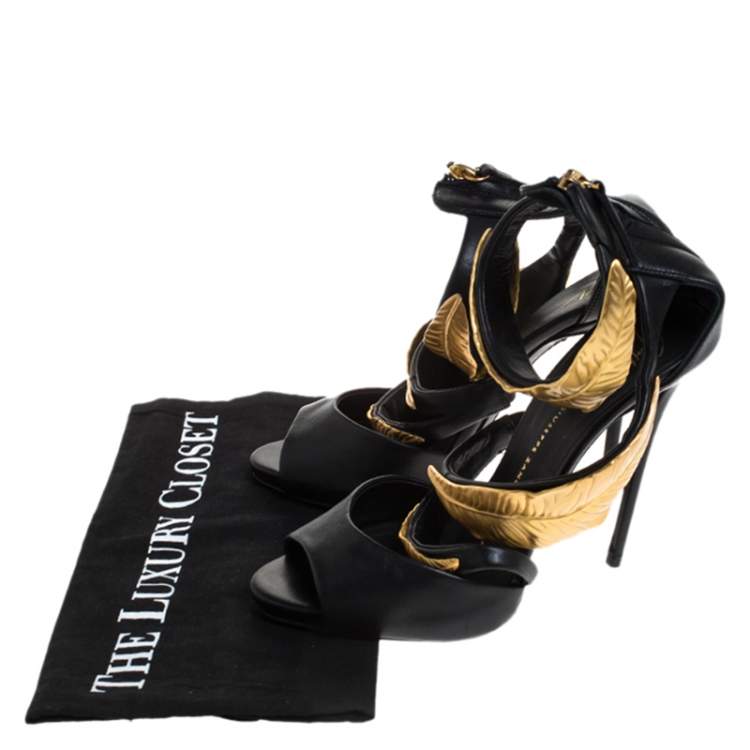 Pre Owned Giuseppe Zanotti Black Leather Gold Tone Metal Leaf Embellished Sandals Size 37