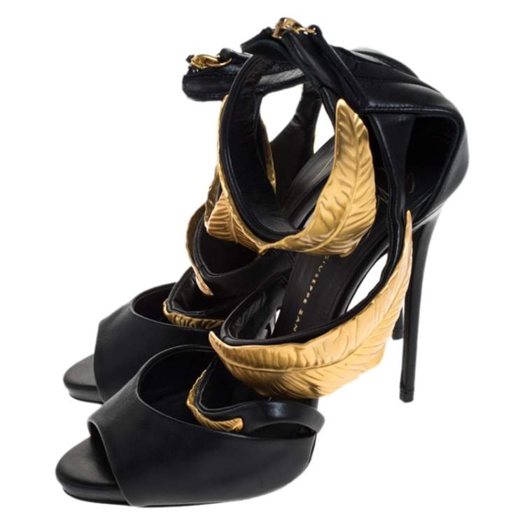 Pre Owned Giuseppe Zanotti Black Leather Gold Tone Metal Leaf Embellished Sandals Size 37