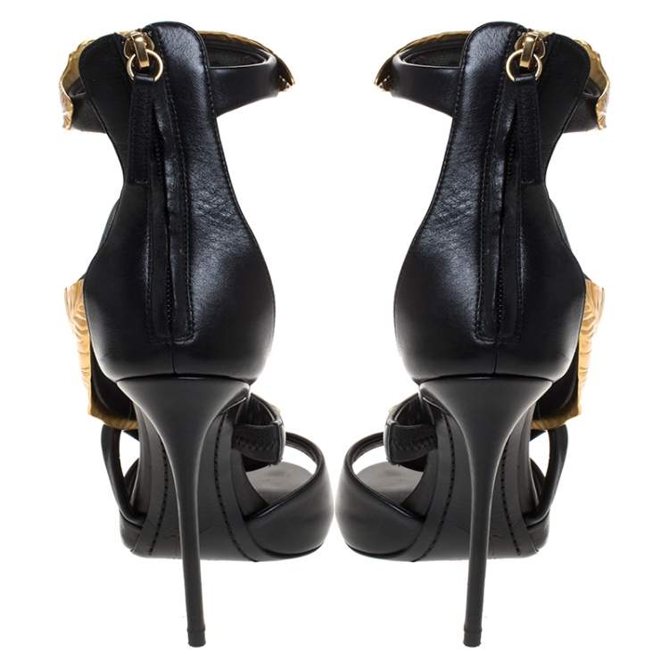 Pre Owned Giuseppe Zanotti Black Leather Gold Tone Metal Leaf Embellished Sandals Size 37