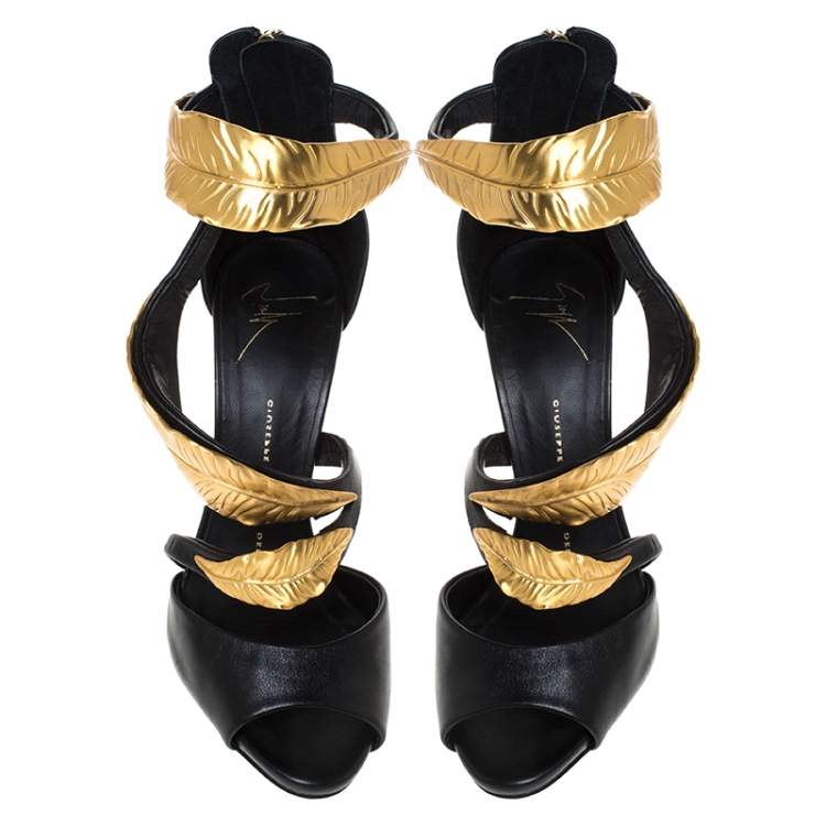 Pre Owned Giuseppe Zanotti Black Leather Gold Tone Metal Leaf Embellished Sandals Size 37