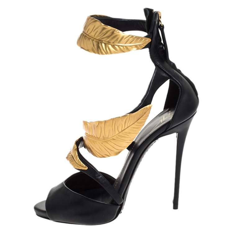 Pre Owned Giuseppe Zanotti Black Leather Gold Tone Metal Leaf Embellished Sandals Size 37