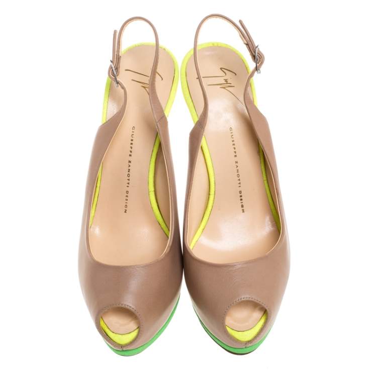 Pre Owned Giuseppe Zanotti Muticolor Suede And Leather Peep Toe Platform Slingback Sandals Size 39.5