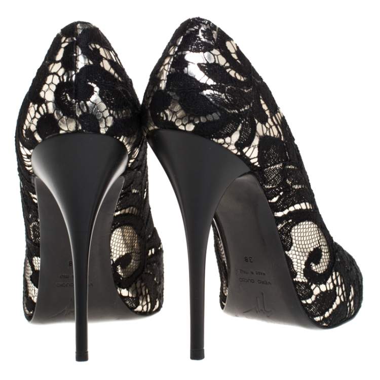 Pre Owned Giuseppe Zanotti Silver Metallic Leather and Black Lace Pumps Size 38