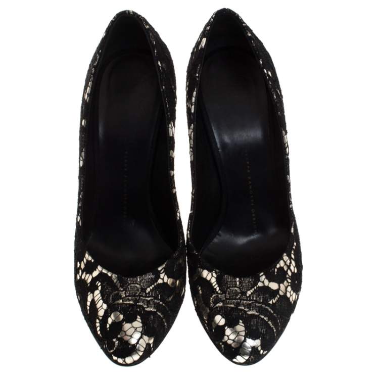 Pre Owned Giuseppe Zanotti Silver Metallic Leather and Black Lace Pumps Size 38