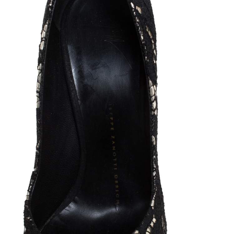 Pre Owned Giuseppe Zanotti Silver Metallic Leather and Black Lace Pumps Size 38
