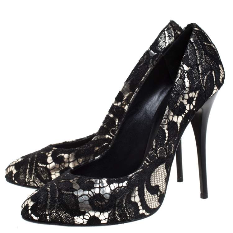 Pre Owned Giuseppe Zanotti Silver Metallic Leather and Black Lace Pumps Size 38