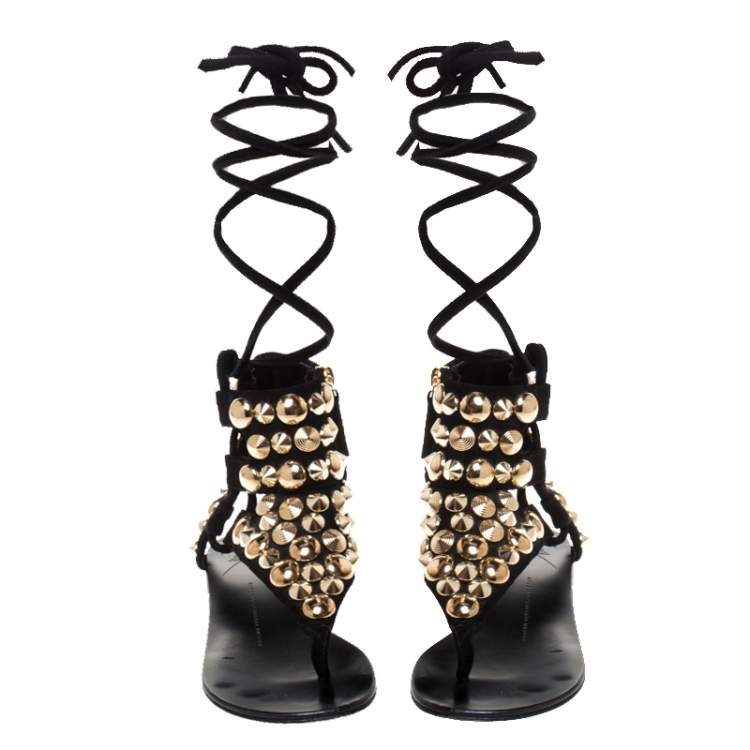 Pre Owned Giuseppe Zanotti Black Studded Suede  Ankle Wrap Flat Sandals Size 37