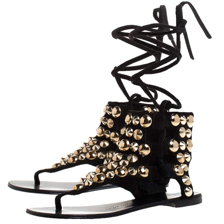 Pre Owned Giuseppe Zanotti Black Studded Suede  Ankle Wrap Flat Sandals Size 37