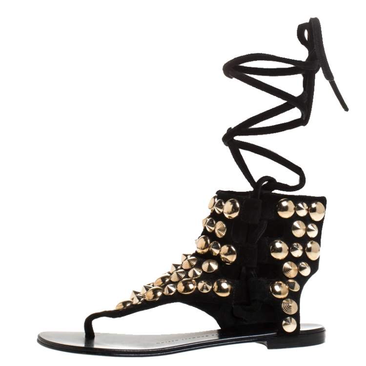 Pre Owned Giuseppe Zanotti Black Studded Suede  Ankle Wrap Flat Sandals Size 37