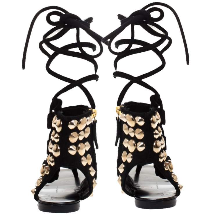 Pre Owned Giuseppe Zanotti Black Studded Suede  Ankle Wrap Flat Sandals Size 37