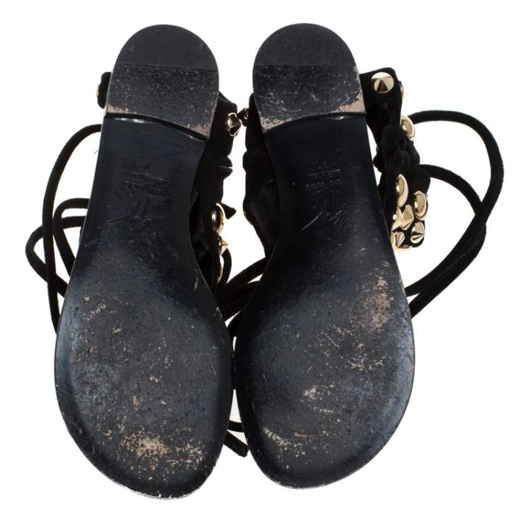 Pre Owned Giuseppe Zanotti Black Studded Suede  Ankle Wrap Flat Sandals Size 37