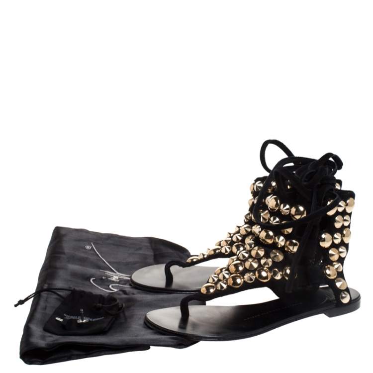 Pre Owned Giuseppe Zanotti Black Studded Suede  Ankle Wrap Flat Sandals Size 37