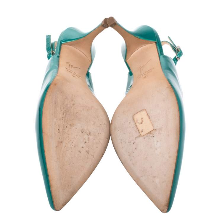 Pre Owned Giuseppe Zanotti Green Patent Leather Slingback Pointed Toe Sandals Size 39