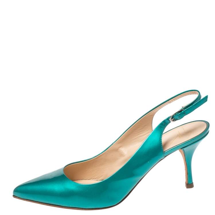 Pre Owned Giuseppe Zanotti Green Patent Leather Slingback Pointed Toe Sandals Size 39